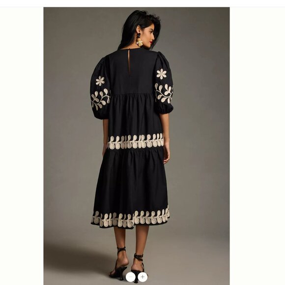 Anthropologie Embroidered Puff-Sleeve Midi Dress-- size XL--with pockets! - Picture 2 of 6